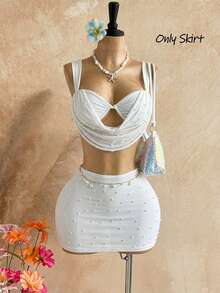Soleia Women's Summer Vacation Beach Faux Pearl Beaded Bodycon Mini Skirt - White - View 1