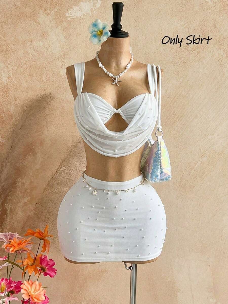 Soleia Women's Summer Vacation Beach Faux Pearl Beaded Bodycon Mini Skirt - White - View 1