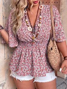 Ceyna Blouse Grande Taille Printemps/Été Nouveau Motif Floral Ditsy Col V Taille Cintrée Manches Évasées Flatteur décontracté/Tenue de Bureau Manches Courtes Pour Femmes - Rose bonbon - Voir 6