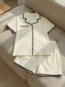 Resyla Contrast Binding Button Front Top & Pants Lounge Set Outfit - Beige - View 5