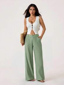 SHEIN PETITE 100% Washed Cotton Low Waist Straight Pants ,Petite Women - Mint Green - View 6