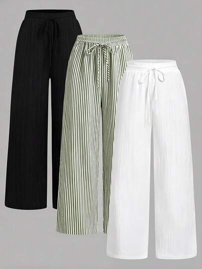 SHEIN Essnce Conjunto de 3 piezas de pantalones rectos con bolsillo y lazo en la cintura, a rayas en negro, blanco y verde, para mujer. Estilo minimalista, elegante y retro, versátil para uso diario, playa, vacaciones y verano.
