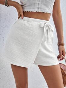 SHEIN Frenchy 100%纯棉女士抽绳松紧腰短裤，适合夏季穿着 - 白色 - 查看 3