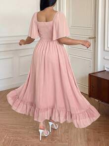 Vibekara Gaun A-Line Lengan Ruffle Leher V Kasual Ukuran Besar, Elegan dan Nyaman untuk Beraktivitas di Luar Ruangan - Berwarna merah muda - View 2