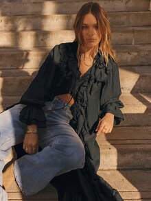 Aralina Váy maxi dài tay kiểu boho mùa đông, xếp ly phía trước. - màu đen - Xem 3