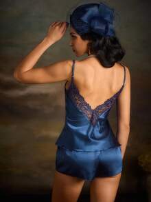 PinupPomp Conjunto De Pijama De Satén Para Mujer Con Encaje - Azul Marino - Ver 2