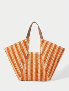Large Capacity Bohemian Woven Straw Tote Bag With Fringe And Striped And Plain PU Handles For Beach Vacation Summer - Jeruk - View 4