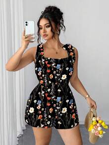 Elenzga Plus Size Floral Print Sleeveless Romper - Black - View 3