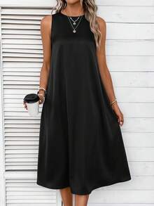 EMERY ROSE Vestido tank unicolor con bolsillo oblicuo - Negro - Ver 3