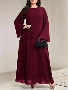 Veilorie Gaun Pesta Kasual Warna Polos untuk Wanita Ukuran Besar Musim Gugur - Burgundy - View 3