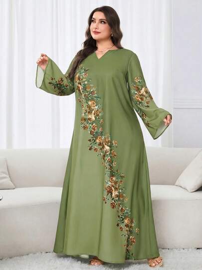 Al Najma Đầm dài tay cổ chữ V họa tiết hoa dành cho nữ cỡ lớn, kiểu Ả Rập.