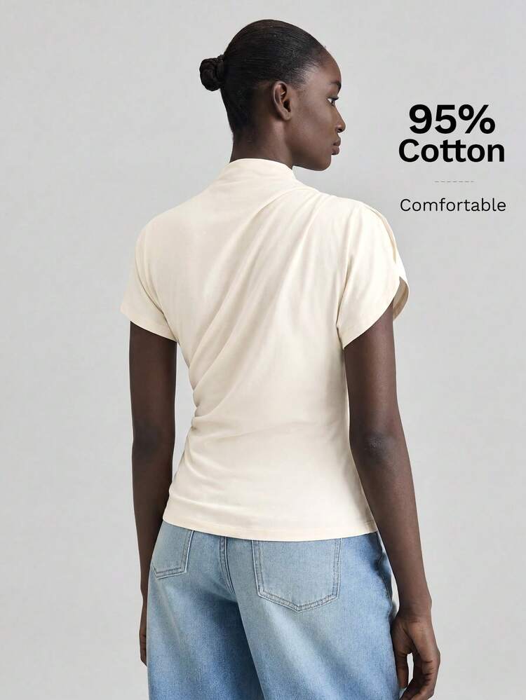 Apricot Summmer Chic Everyday Women's Blouse,95% Cotton Knit Top,Asymmetric Irregular Sleeves,Short Sleeve Small Stand Collar Stretchy Casual T-Shirt
