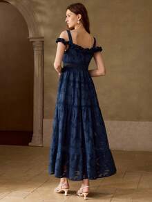 MOTF PREMIUM ELEGANT ROMANTIC VINTAGE FRENCH STYLE HIGH-END JACQUARD PATCHWORK LACE COLD-SHOULDER DRESS FOR WOMEN, SPRING/SUMMER - Navy Blue - View 3