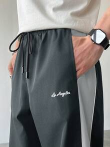 Manfinity EMRG Men's Casual Color Block Drawstring Straight Leg Pants, Loose Fit Long Black Patchwork Straight Leg Sweatpants For Outdoor - smoke gray - View 7