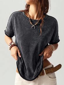 Bohemela Casual Solid Color Knit Round Neck Short Sleeve Loose Butterfly Cutout Back Women T-Shirt - Black - View 2