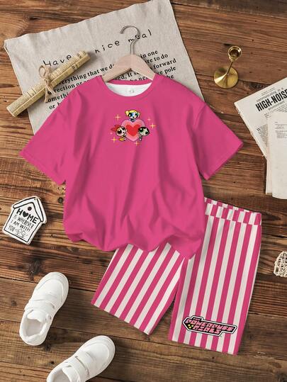 THE POWERPUFF GIRLS X SHEIN Tween Girls Cartoon Print Round Neck Short Sleeve T-Shirt And Shorts Casual Daily Outfit