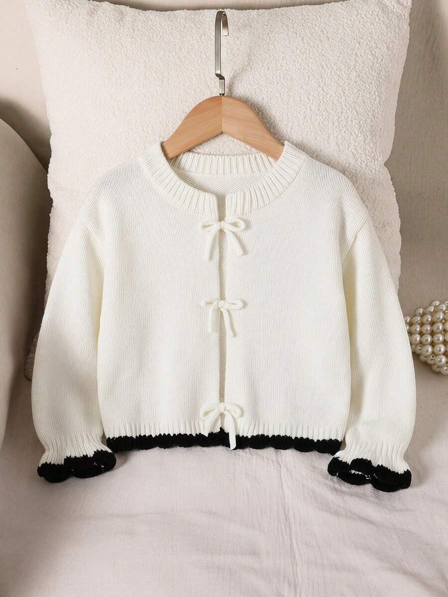 SHEIN 女童针织毛衣,饰有蝴蝶结,可爱休闲,柔软舒适,适合居家、派对和节日等各种场合。罗纹边饰开衫,适合空调房穿着,四季皆宜,可搭配连衣裙。 - 白色 - 查看 1