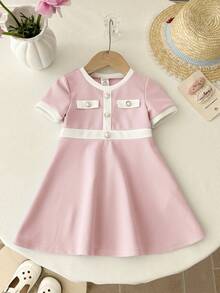 LMoss Kids Baby Girl Knitted Colorblock Round Neck Casual Dress - Baby Pink - View 8