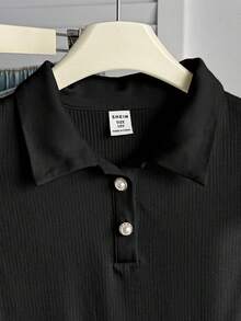 SHEIN 少女黑色罗纹针织 Polo 领无袖休闲简约优雅修身背心 - 黑色 - 查看 4