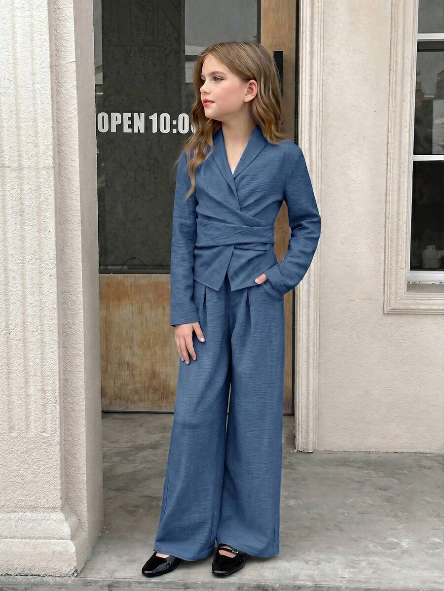 SHEIN 儿童/少女优雅法式纯色翻领褶裥不对称系腰长袖衬衫和阔腿裤两件套,蓝色,适合周末、休闲外出、返校季穿着。 - 藍色 - 查看 1