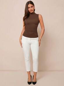 Amorya Áo tank top nữ màu đen không tay cổ cao, chất liệu cotton, đa năng, thích hợp cho mùa xuân và mùa hè. - Cà phê nâu - Xem 4