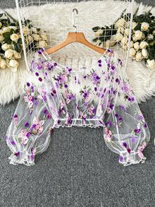 DreamSkyne 大码露肩花卉网纱刺绣薄纱宽松优雅时尚泡泡袖长袖雪纺罩衫，夏季必备 - 彩色 - 查看 1