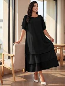 SHEIN Lady CURVE Plus Size Casual Dress, White Round Neck Unbutton Asymmetrical Flowy Hem, Bohemian Style, Suitable For Spring & Summer/Elegant Women's Plus Size Dresses Women's Summer Dresses Women's Black Dress Summer Dress Summer Outfits Summer Clothes Spring Dress Spring Outfit Women Spring Clothing Beach Vacation Outfits For Women Vacation Dress Bohemian - Black - View 5