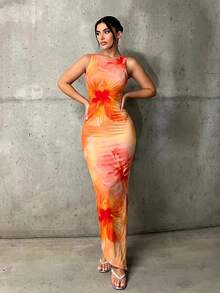 SHEIN ICON Vestido largo ajustado con estampado de teñido anudado - Naranja - Ver 4