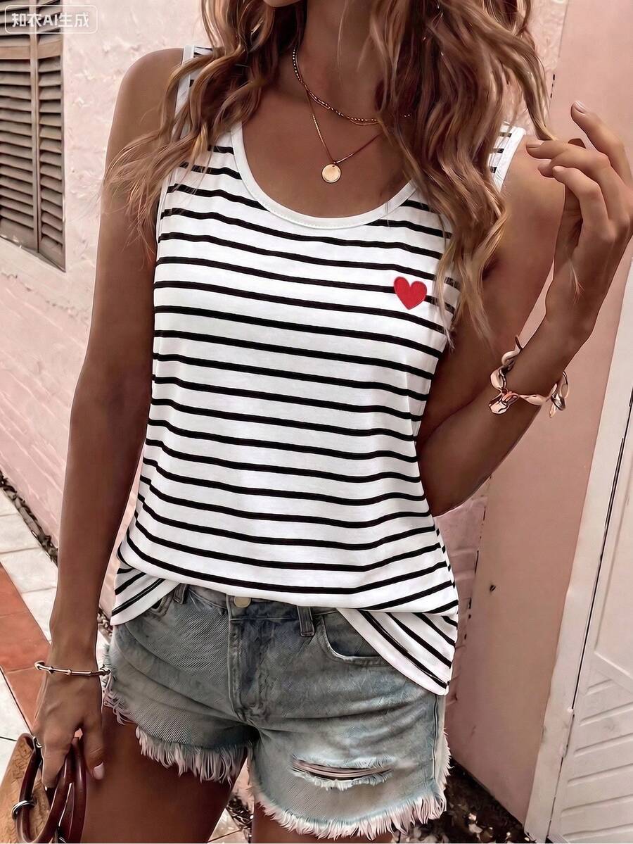EMERY ROSE Women's Striped Heart Print Vintage Fashion Casual Basic Tank Top, U-Neck, White - Multicolor - View 1