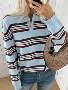 SHEIN EZwear 女士条纹长袖高领休闲宽松毛衣 - 彩色 - 查看 4