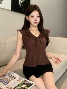 Joudiya Áo kiểu nữ màu trơn tay ngắn, bèo nhún, thắt nơ phía trước. - màu nâu - Xem 10