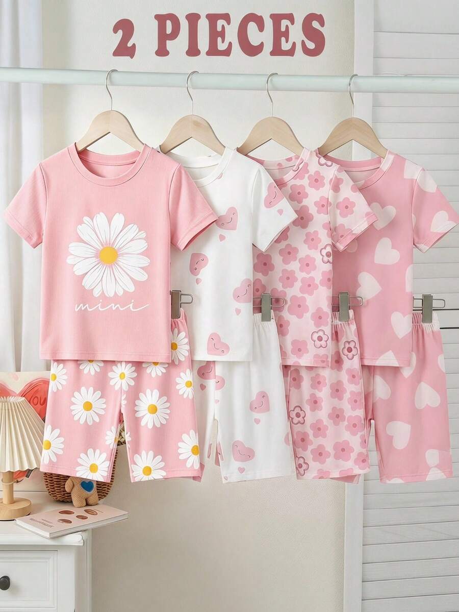 SHEIN Young Girl Knitted Floral Pattern Round Neck T-Shirt And Shorts 2-Piece Loungewear Set - Multicolor - View 1