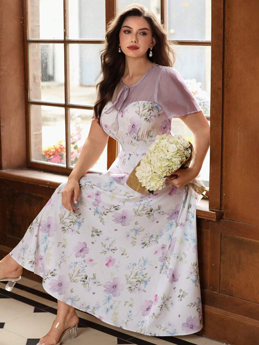 SHEIN Clasi Plus Size Women's French Floral Patchwork White Summer Elegant Wedding Tea Party Maxi Dress,Mesh Puff Sleeve Tie-Front Retro Chiffon Date Holiday - Multicolor - View 1