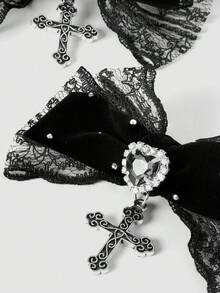 MortiRose 2pcs Gothic Style Lace Ribbon, Crystal Heart & Cross Decor Hair Clips, Suitable For Holiday Outfits, Daily Wear For Gothic Fashion Enthusiasts, Hair Slide, Hair Barrettes, Hair Accessories, Party, Head Accessories, Hairpin - Black - View 4