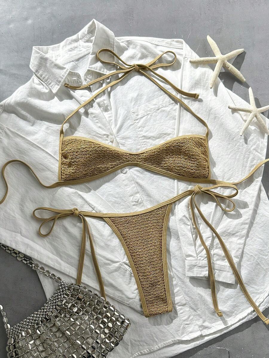 Swim Vcay 兩件式泳衣,性感無肩帶短版上衣與側綁式丁字褲比基尼套裝,紋理亮片面料,海灘度假,春/夏 - 金色 - View 1