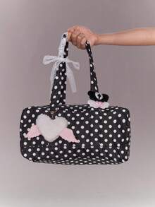 ROMWE Anime 1Pc Black Y2k Retro College Wind Polka Dot Printing Pattern With Lace Cross Love Wing Card Cover Pendant Decorative Design Multi-Functional Multi-Pocket Shoulder Tote Bag, Fashionable And Simple Women's Shoulder Bag, Suitable For Daily, College, Shopping, Travel, Dating, Etc - Black - View 9