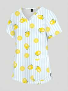 PopScrub Yellow Lemon, Lemon Slice, Striped Pattern Nurse Scrub Uniform Top, V-Neck Short Sleeve Design With Pockets And Side Slits, Fashionable Spring/Summer Work Wear, Cute Scrub Top, Nursing Scrub Uniform Top - Multicolor - View 6