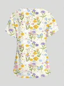 PopScrub Áo scrub điều dưỡng nữ họa tiết hoa tulip, hoa dừa cạn và thỏ hoạt hình, cổ chữ V, tay ngắn, có túi và xẻ tà hai bên, kiểu dáng dễ thương - Nhiều màu - Xem 3