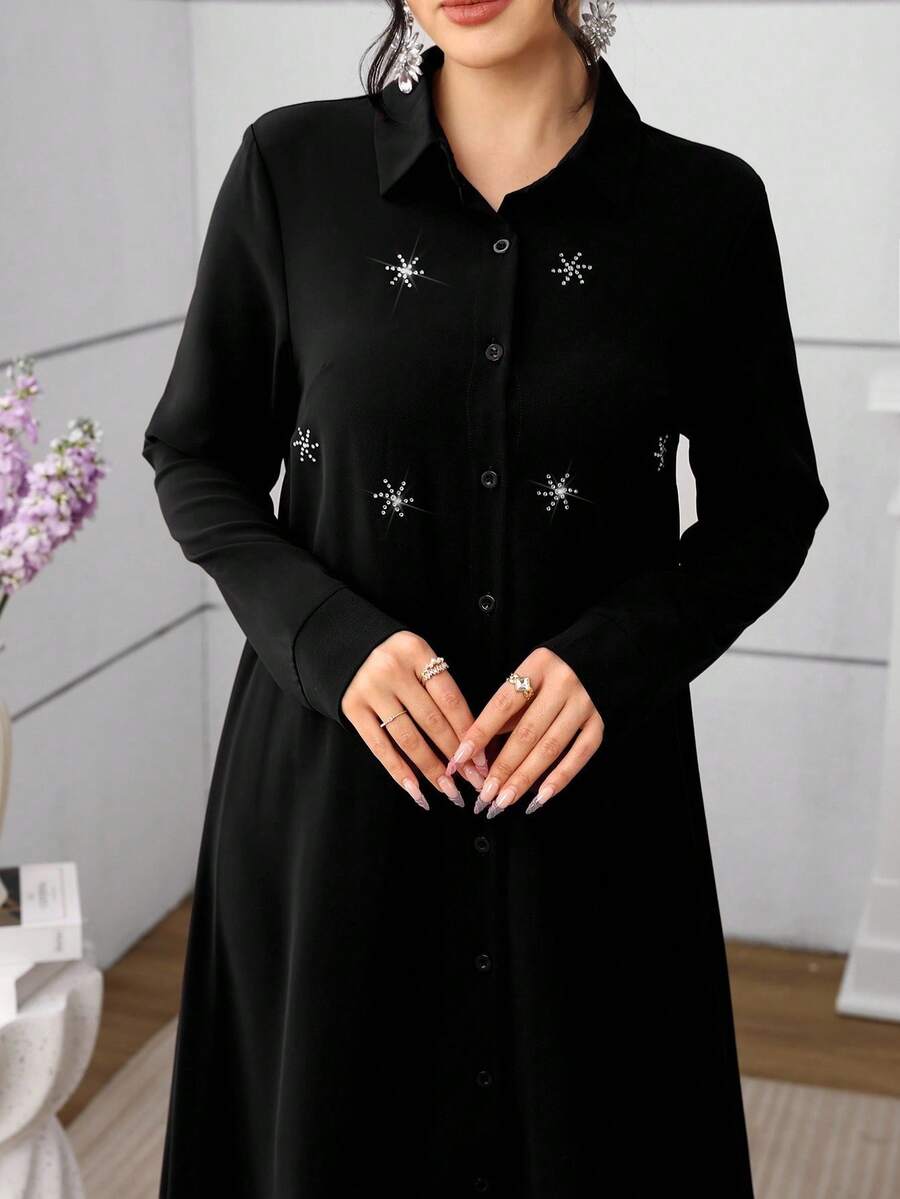 Al Najma 女士水钻装饰领口酒红色复古优雅法式宽松连衣裙 - 黑色 - 查看 1