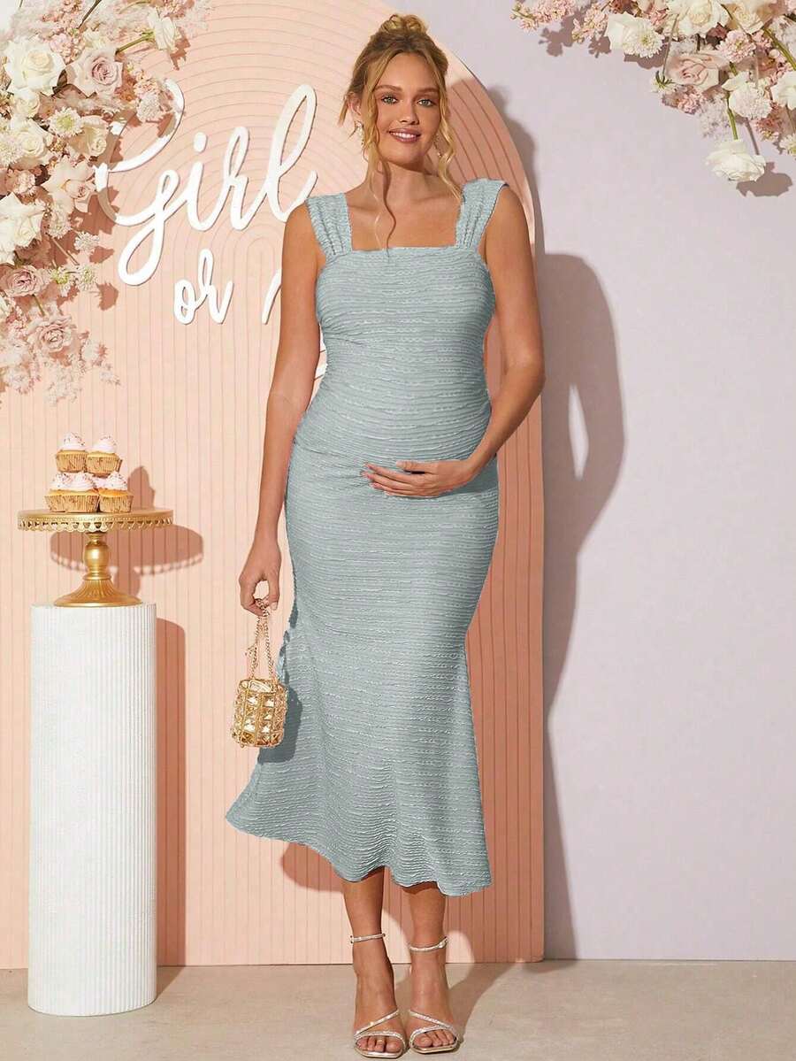 Loomaby Vestido elegante sin mangas con dobladillo de cola de pez de unicolor para maternidad - Gris - Ver 1