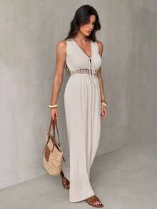 SHEIN Tall Bộ áo liền quần nữ cổ chữ V thắt nơ, kiểu dáng thường ngày, thích hợp mặc hàng ngày. - Màu be - Xem 6