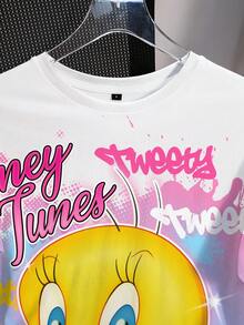 LOONEY TUNES X SHEIN 女士休闲日常通勤趣味卡通字母印花落肩宽松T恤，夏季 - 白色 - 查看 3