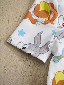 LOONEY TUNES X SHEIN Baby Girl Summer Cute Cartoon Star Print Contrast Color Short Sleeve Button-Up Romper - Blue - View 4