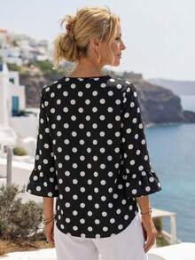 Faunlyn Women's Polka Dot Print Round Neck Ruffle Trim 3/4 Sleeve Loose Blouse,Three Quarter Sleeve Tops - Multicolor - View 3