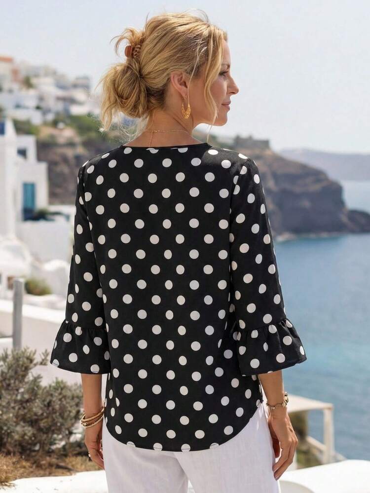 Women's Polka Dot Print Round Neck Ruffle Trim 3/4 Sleeve Loose Blouse,Three Quarter Sleeve Tops