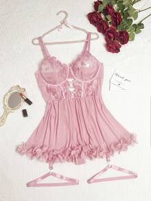 SHEIN 2件組大尺碼網格刺繡性感連身內衣 - 粉色 - 查看 4