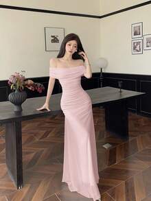 NOVVYNE 女士露肩褶皱腰身优雅婚礼/场合礼服 - 淺粉色 - 查看 4