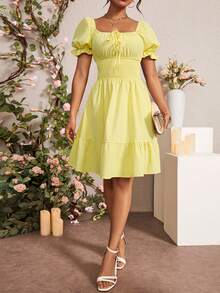 Rafferiza Solid Color Square Neck Ruffle Hem Short Sleeve Dress - Light Yellow - View 5