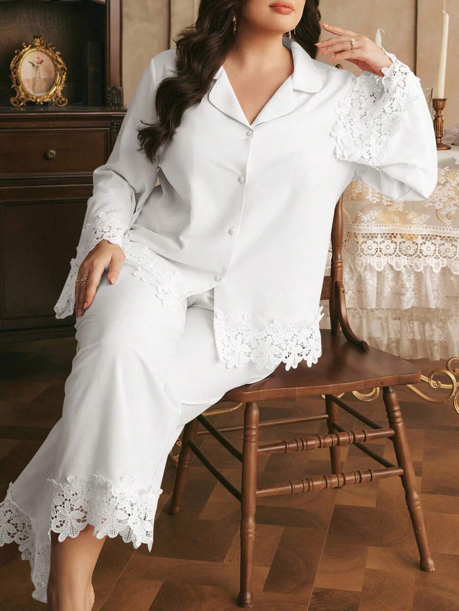 Côtesoire 大码女式撞色蕾丝长袖纽扣上衣和裤子泡泡褶皱睡衣套装 - 白色 - 查看 1