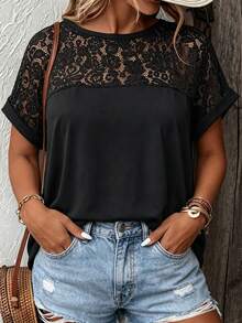 EMERY ROSE Plus Size Women's Lace Floral Knit T-Shirt, Suitable For Daily Commute And City Wear, Spring/Summer Date Night Black Elegant - Black - View 4